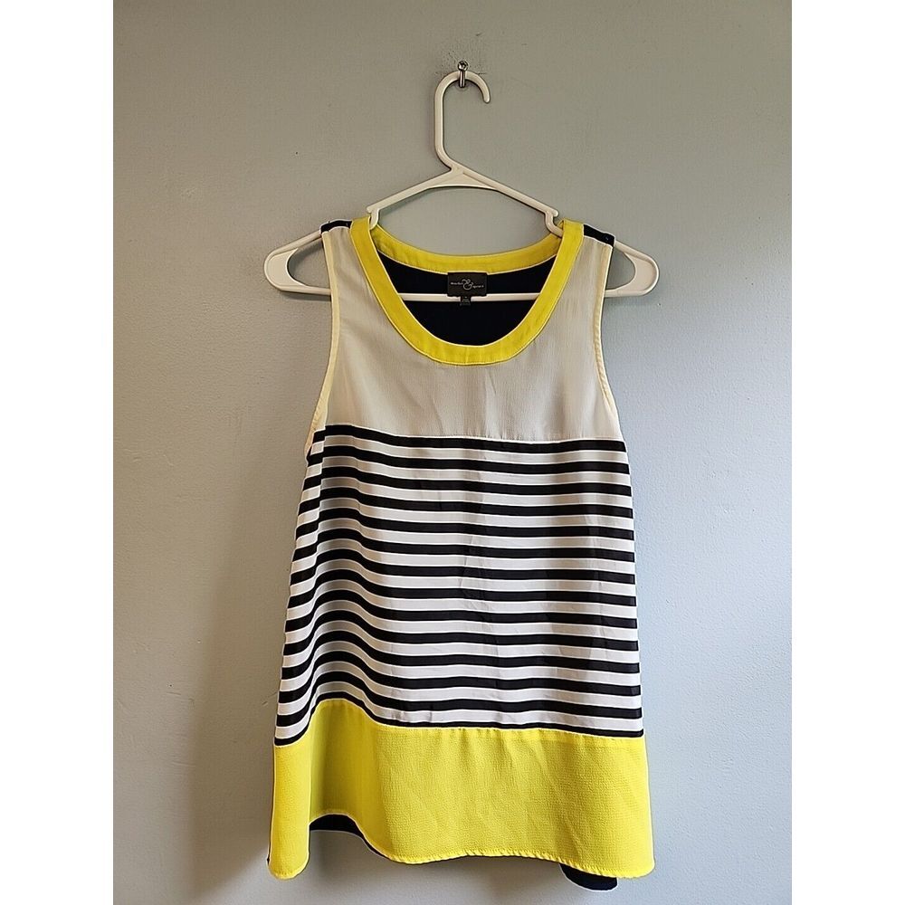 Market & Spruce Womens S Tank Top Blue‎ White Stripe Yellow Semi-sheer 20972